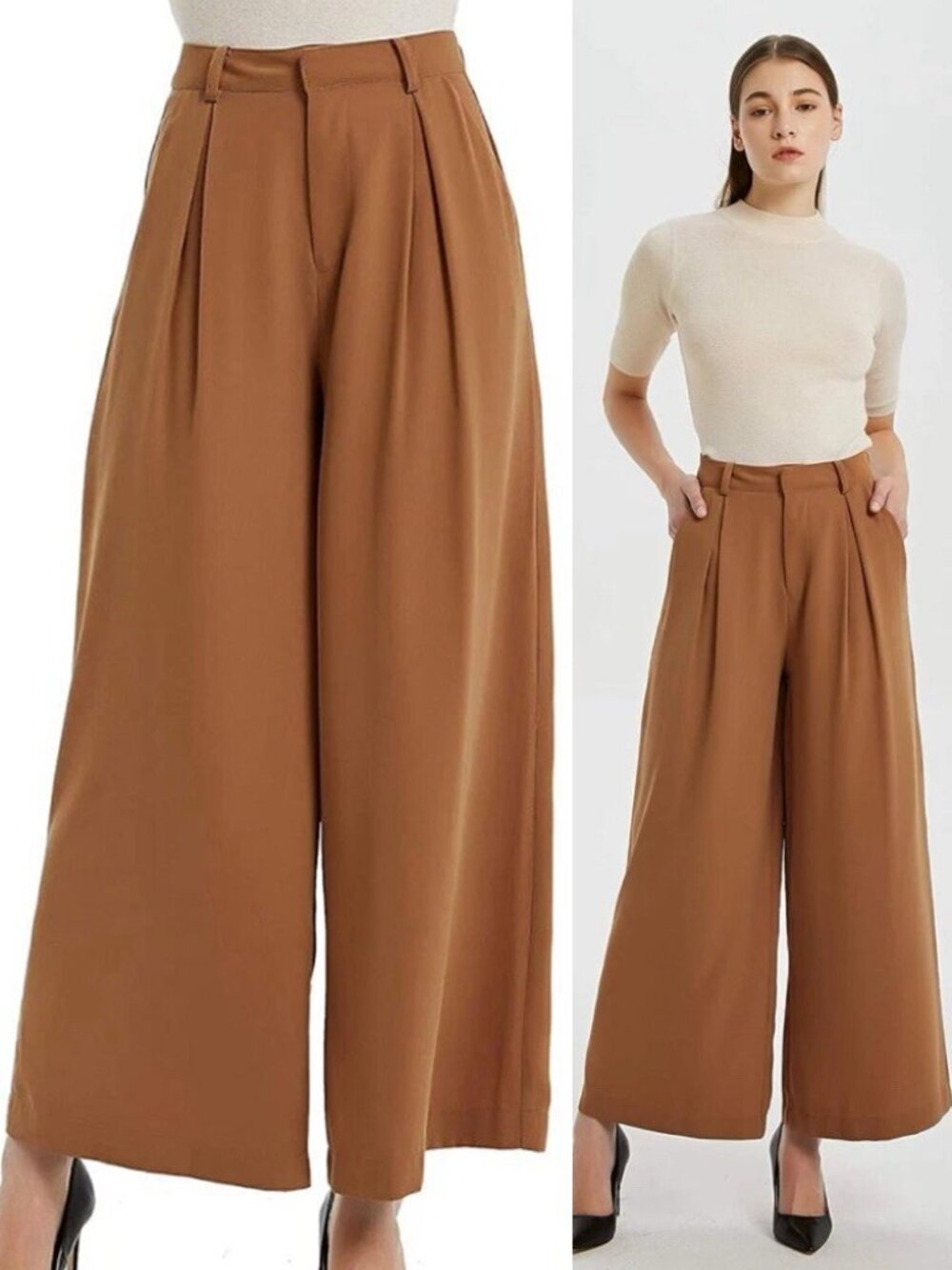 Commense Wide Leg High Waist Palazzo Pleated Trouser Pant Camel Brown Size L